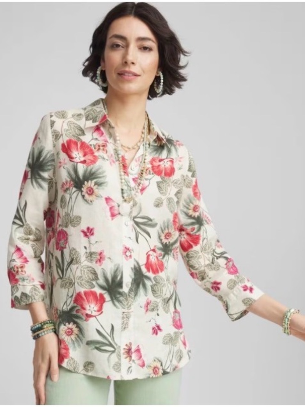 Chico's No Iron Linen Button Front Shirt Blouse Pink & Green Floral Print
